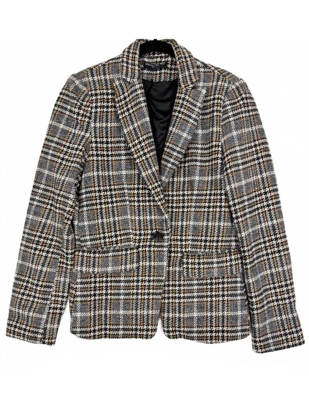 Central Park West Plaid Single Button Tweed Blazer Jacket Brown Grey Check Med